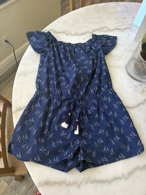 Navy Sailboat Print Womens' Off-Shoulder Romper Deep Bay XXS NWT